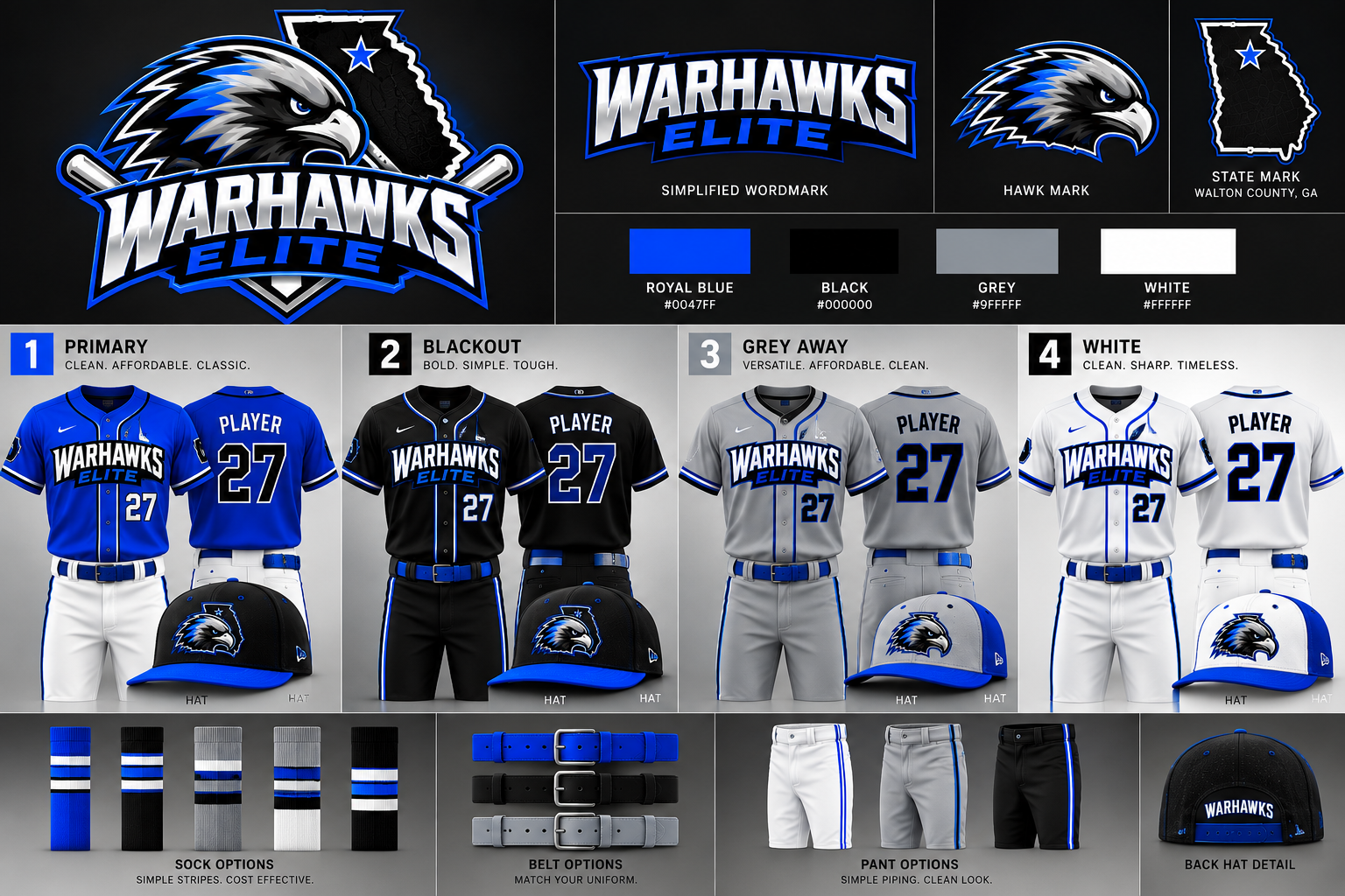 Warhawks Elite baseball logo featuring a hawk, crossed bats, and Georgia with a Walton County star